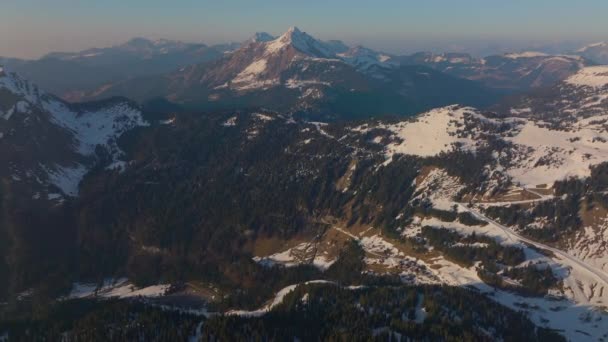 Karlı Dağ Sıralarını Kaplayan Bir Alp Ağacının Gündüz Insansız Hava — Stok video
