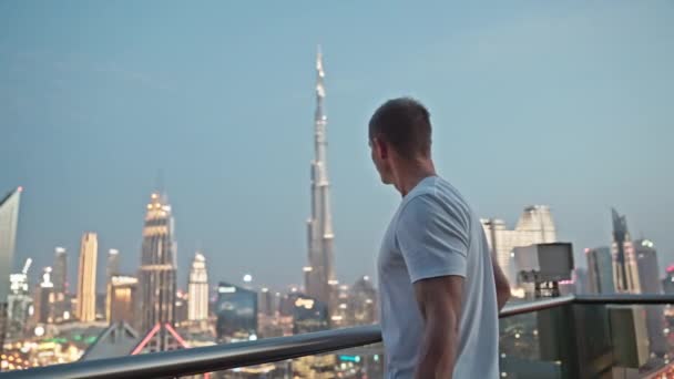 Fotógrafo Cámara Rascacielos Burj Khalifa Dubai — Vídeos de Stock