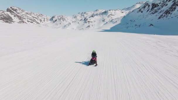 Riding Snowmobile Arctic Snow Woman — Stock Video