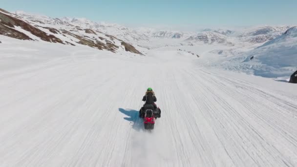 Γυναίκα Snowmobiling Αρκτική Χιόνι Τούντρα — Αρχείο Βίντεο