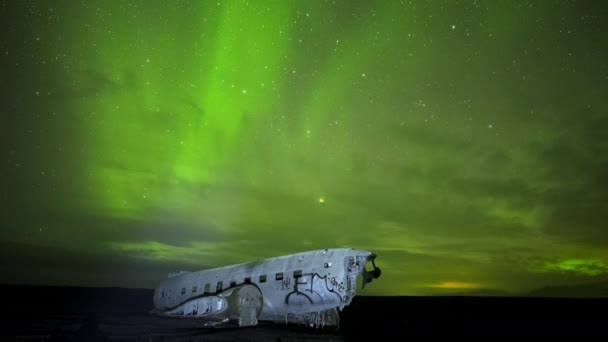 Nordlichter Grün Flugzeug Polarlichter Sterne — Stockvideo