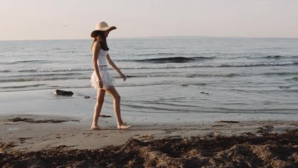 Široký Záběr Dívky Míjející Skály Pláži — Stock video