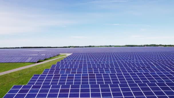阳光明媚的日子里 太阳能电池板排列在一个太阳能农场的前景 — 图库视频影像