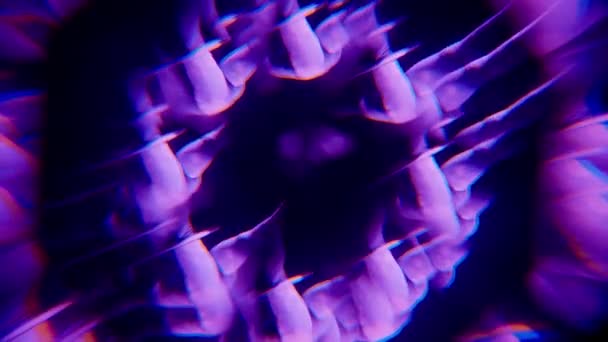 彼女に焦点を当てた紫色のスポットライトで暗い背景に空中フープで回転女性を示す複製とぼやけた効果を持つビデオ — ストック動画