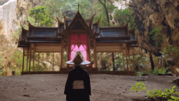 Задний Вид Женщины Кимоно Бамбуковой Шляпе Стоящей Месте Смотрящей Размытое — стоковое видео