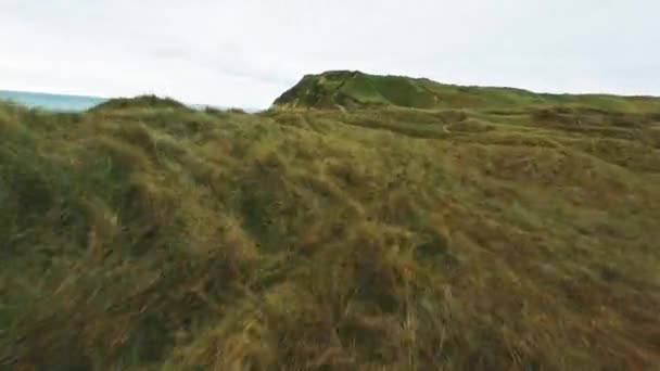 昼間の海辺の崖の芝生の風景の上を高速飛行Fpvドローン — ストック動画