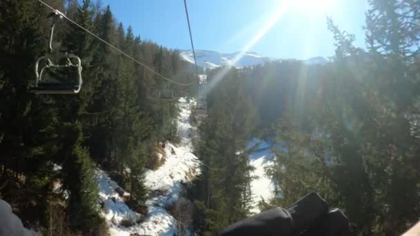 Perspectiva Pov Mientras Monta Telesilla Pasando Por Árboles Alpinos Día — Vídeos de Stock