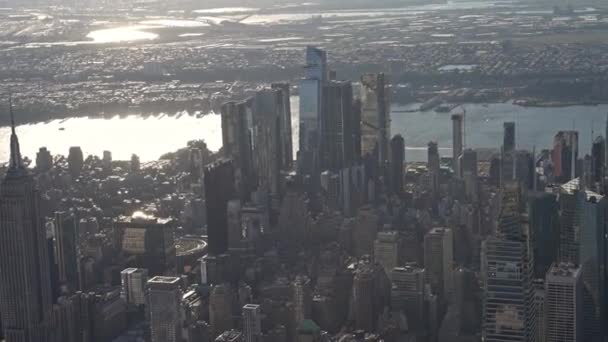 Aerial View Helicopter Buildings Downtown Manhattan Hudson River Background Daytime — Stock Video