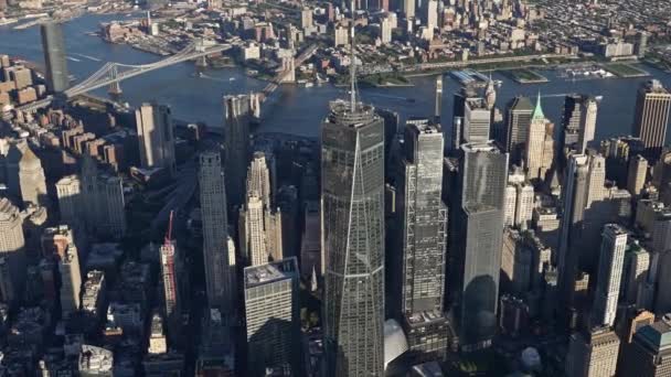 ヘリコプターに乗っている間 ブルックリン橋 マンハッタン橋 イースト川とワンワールドトレードセンターの空中ショット — ストック動画