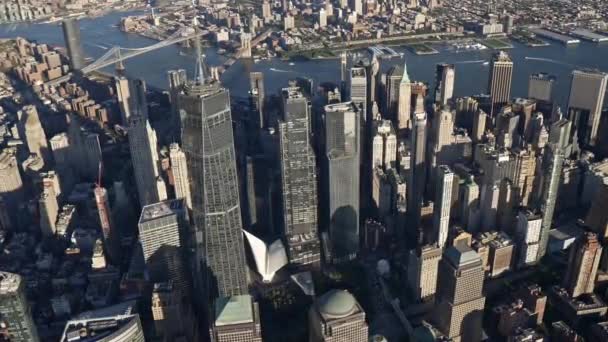 Снимок Воздуха Всемирного Торгового Центра Бруклинского Моста Манхэттенского Моста Ист — стоковое видео
