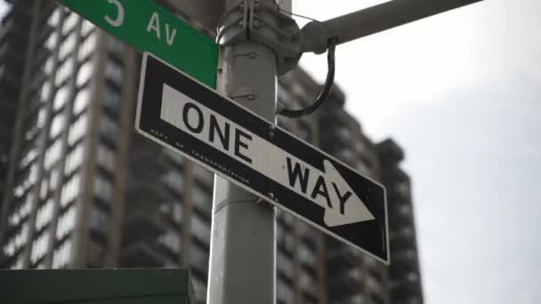 昼間のニューヨークの5番街に位置する1つの方法の交通標識のクローズアップショット — ストック動画