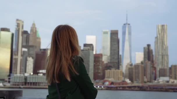 Видео Показывающее Вид Сзади Женщины Зеленом Пальто Смотрящей Размытый Горизонт — стоковое видео