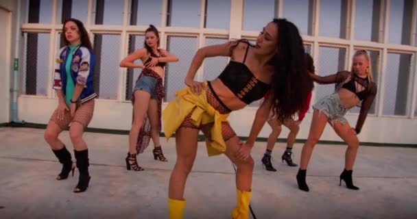 Women Dancing Music Girl Band Rooftop — Stockvideo