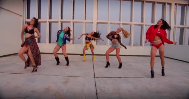 Beautiful Women Dancing Girl Group Rooftop — Stock video