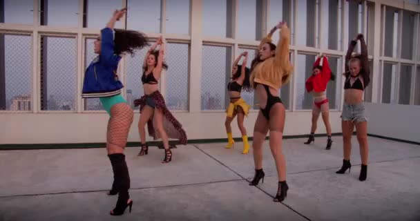 Women Dancing Beautiful Girl Band Rooftop — Stockvideo