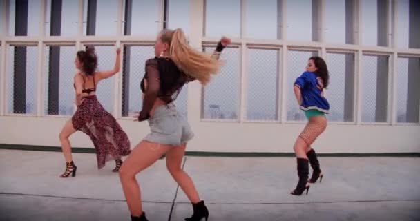 Women Dancing Crew Girl Group Rooftop — Stockvideo