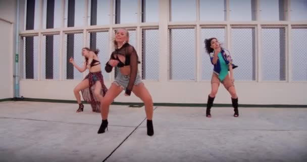 女性ダンスミュージックビデオガールバンド屋根 — ストック動画