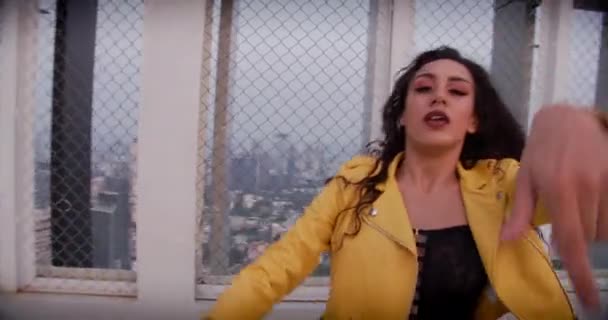Woman Dancing Brunette Girl Rooftop — Stock video