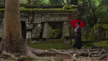 A wide shot showing the side view of a woman wearing a kimono, walking at the mossy temple ruins, passing in between the stone walls and a tree trunk with big roots during daytime in Cambodia