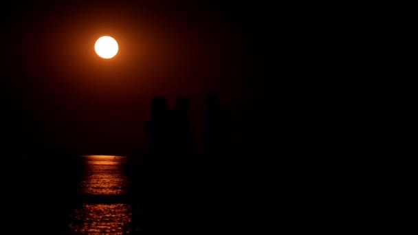 Night Time Footage People Walking Seaside Jetty Night Full Moon — 비디오