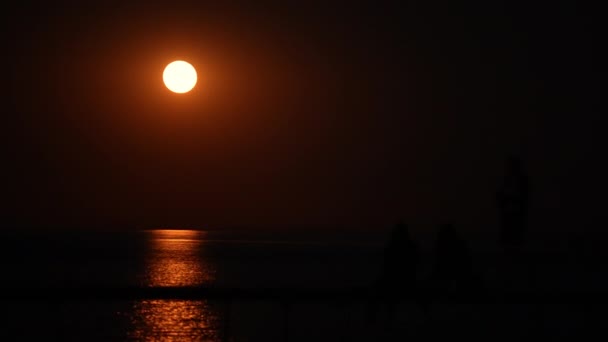 満月の下で夜に海辺の桟橋に沿って歩いている間 男のシルエットは彼の電話で写真を撮る — ストック動画