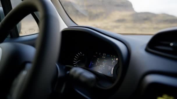 Close Shot Car Steering Wheel Screen Front Showing Indicator Lights — стоковое видео