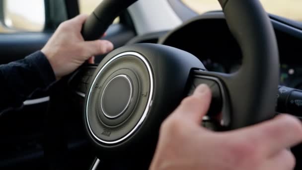 Close Shot Person Pressing Control Buttons Steering Wheel Car Daytime — 비디오