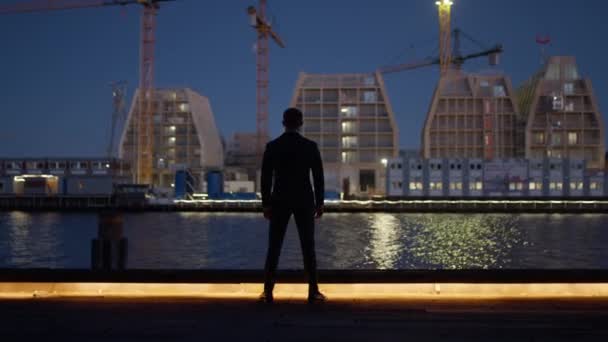 港の向こうに建てられている建物に目を向ける男の後ろ姿 — ストック動画
