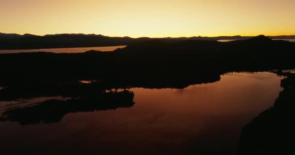 Wide Drone Flight Nahuel Huapi Park Showing Its Silhouette Sunrise — Vídeo de Stock