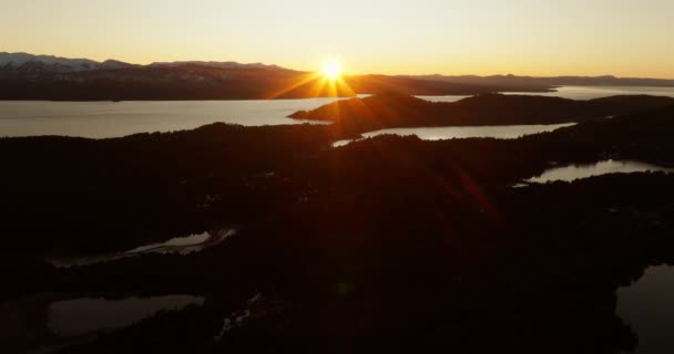 Wide Drone Flight Nahuel Huapi Park Showing Sunrise Horizon Bariloche — Video Stock