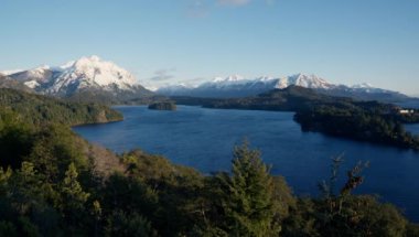 An extreme wide shot of the beautiful view of the Nahuel Huapi lake at Bariloche, Argentina