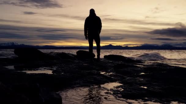 日の出の間 アルゼンチンのバリローチェで波が飛び散っている間に 湖畔に立ち 彼の腕を上げている男の背景色を示す広いショット — ストック動画