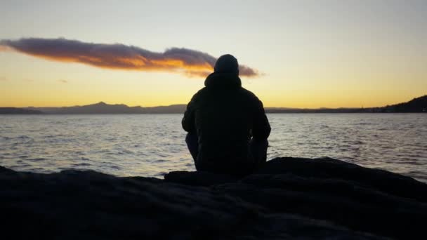 アルゼンチンのバリローチェの湖畔に座っている間 日の出を見ている男の背中の景色を示す広いショット — ストック動画