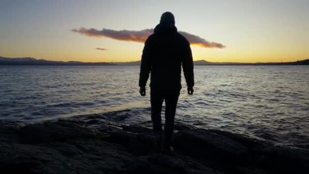 Wide Shot Showing Back View Man Walking Sitting Lakeshore While — Vídeos de Stock