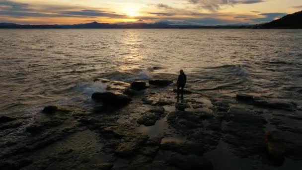 남자가 바위가 해변을 아르헨티나 로체에 호수의 파도를 가만히 바라보고 무인기에 — 비디오