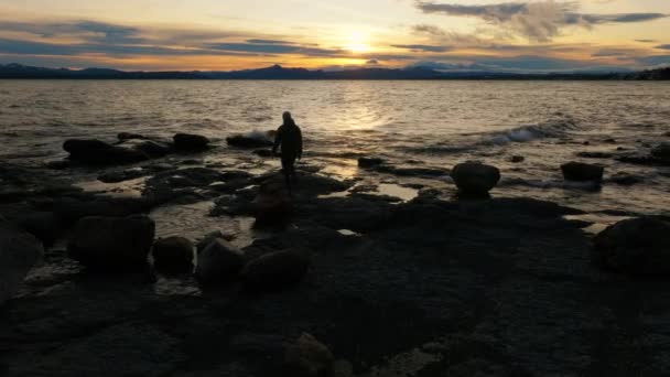 Geniş Açı Soldan Sağa Dönüyor Büyük Kayalarla Göl Kıyısında Yürüyen — Stok video