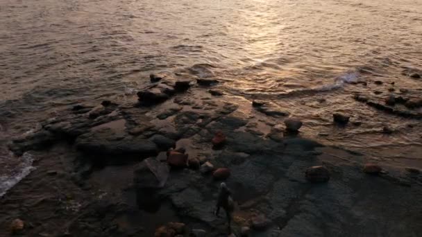Drone Shot Showing Man Walking Rocky Shore Lake Looking Sunrise — Vídeos de Stock