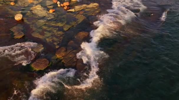 Aerial Video Showing Rocky Shore Being Hit Waves Sea Sunrise — Stock Video