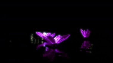 Glowing purple butterfly sculptures reflect on the water as they float on a river during nighttime