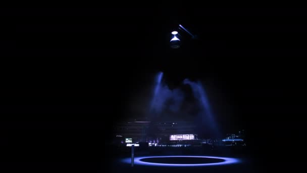 Street Lamp Emits Rotating Blue Spherical Light View Cityscape Black — Stockvideo