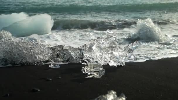Πλάνα Επίκεντρο Ένα Από Κομμάτια Παγόβουνου Που Λιώνουν Στην Ακτή — Αρχείο Βίντεο