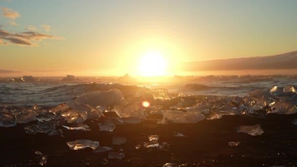 Tilting Slow Motion Shot Iceberg Fragments Black Sands Diamond Beach — ストック動画