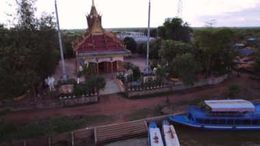 Temple, Village, Boat, River, Cambodia