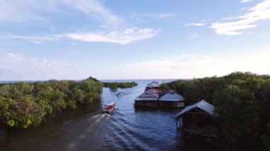 Drone, River, Boat, Village, Cambodia