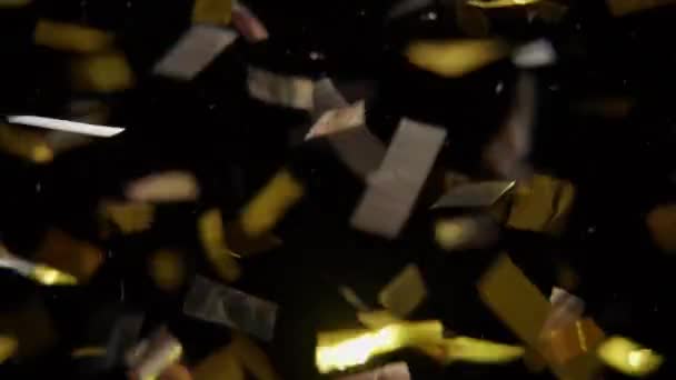 Monte Prata Ouro Confete Caindo Fundo Preto — Vídeo de Stock