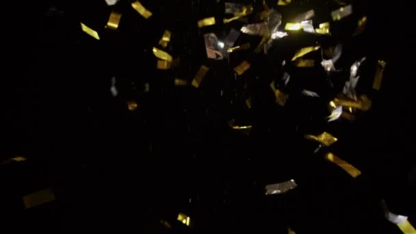 Altın Gümüş Konfeti Yığınları Siyah Bir Arkaplandan Salınırken Işıltılar Düşer — Stok video