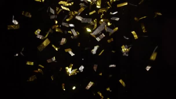 Glitter Dust Fall Bunches Gold Silver Confetti Released Black Background — Wideo stockowe