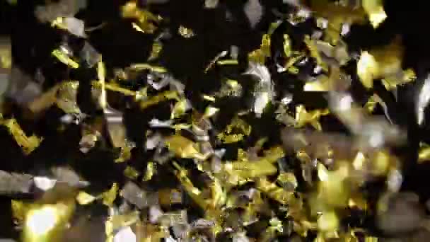 Shiny Gold Silver Confetti Blows Air Black Background — Wideo stockowe