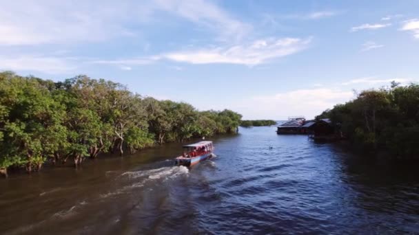 Drone River Boat Village Cambodia — Stock video