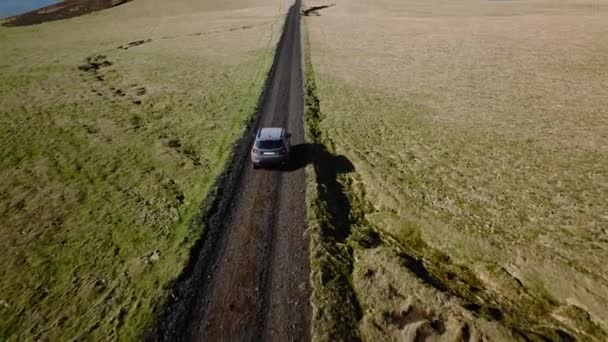 아이슬란드먼 곳에서 경치가 보이는 들판의 비포장도로를 여행하는 자동차의 — 비디오